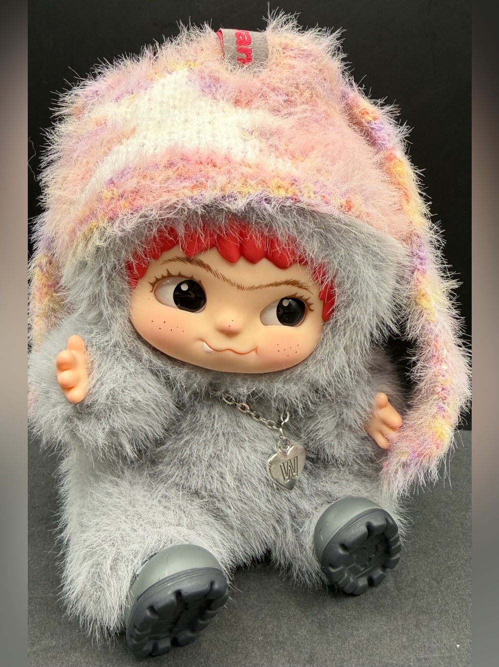 Letsvan-Keychain Grey Bunny Outfit Doll with Pink Multi Hat - Silver W Necklace